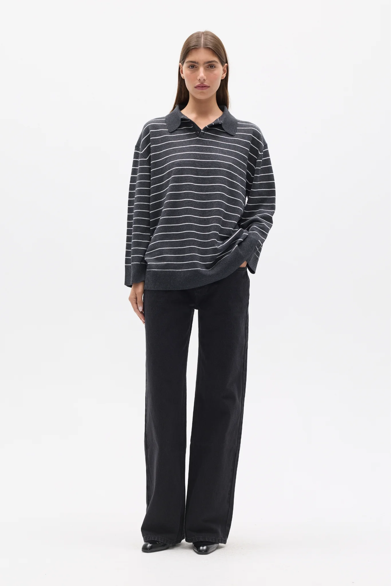 TINA KNIT POLO - GREY STRIPE