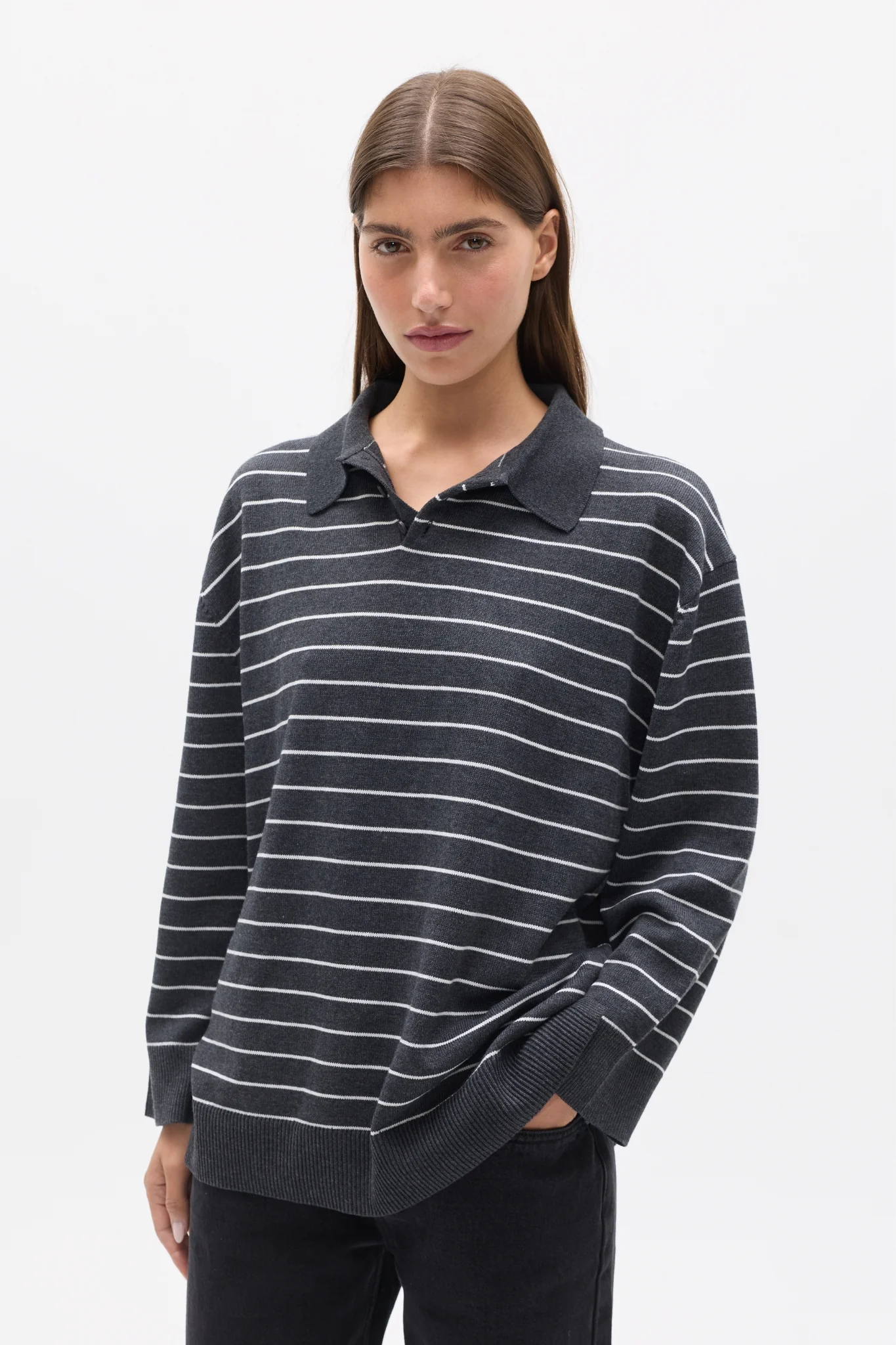 TINA KNIT POLO - GREY STRIPE - Image 2